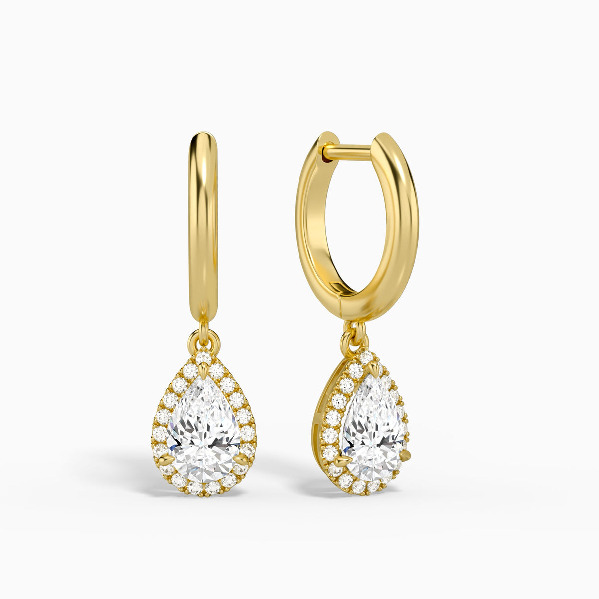 Pear Halo Drop Huggie Hoop Earrings in 14K Yellow Gold