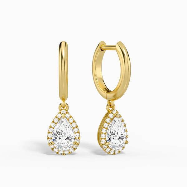 Pear Halo Drop Huggie Hoop Earrings in 14K Yellow Gold