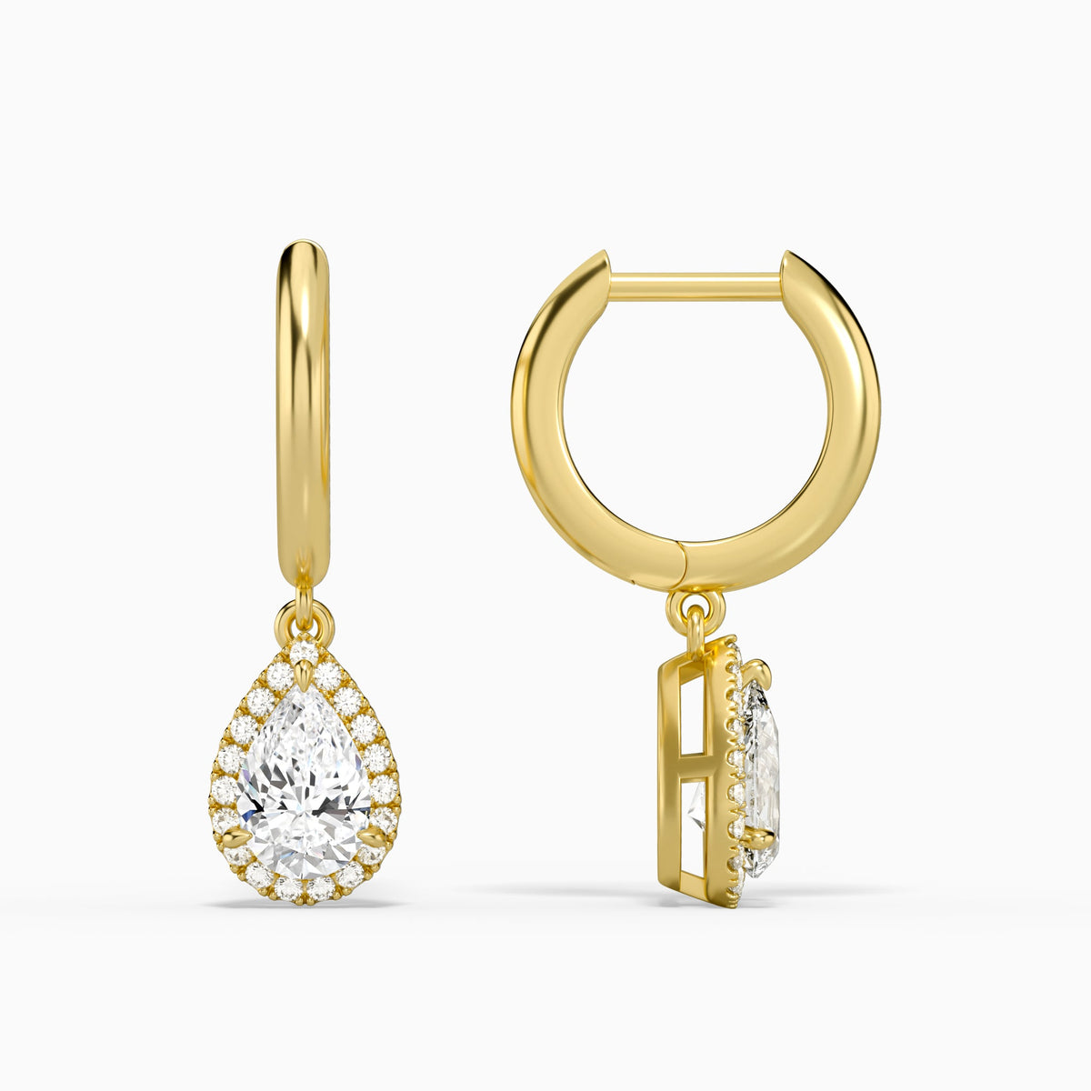 Pear Halo Drop Huggie Hoop Earrings in 14K Yellow Gold