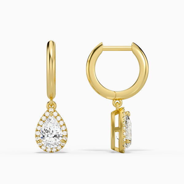 Pear Halo Drop Huggie Hoop Earrings in 14K Yellow Gold