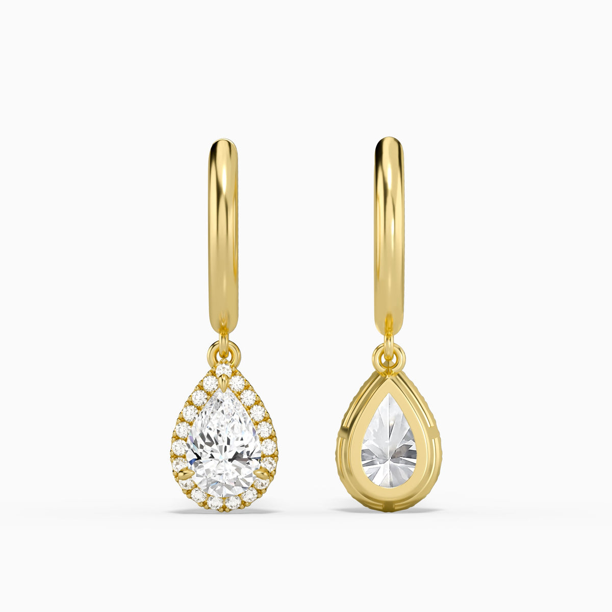 Pear Halo Drop Huggie Hoop Earrings in 14K Yellow Gold