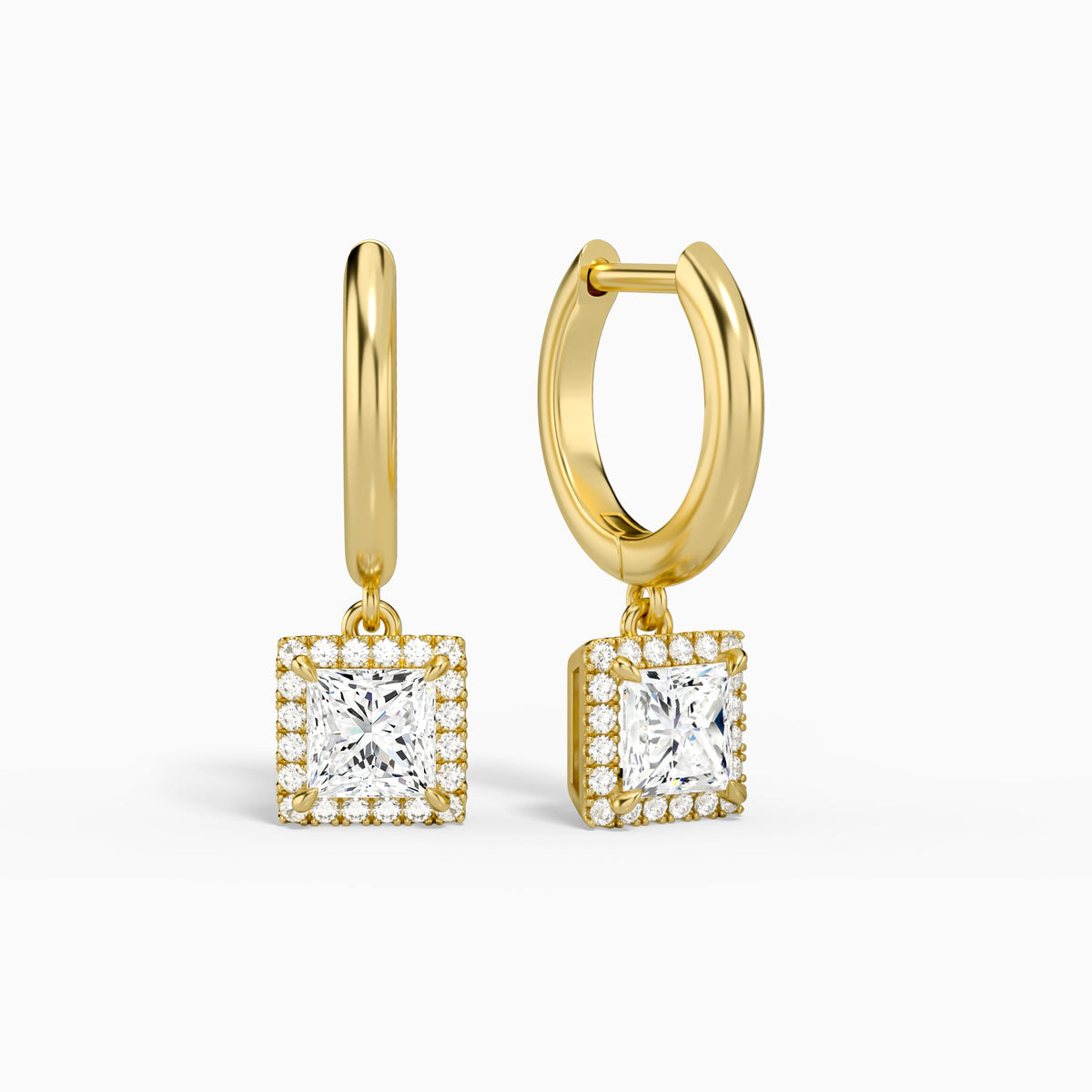 Princess Halo Drop Huggie Hoop Earrings in 14K Yellow Gold