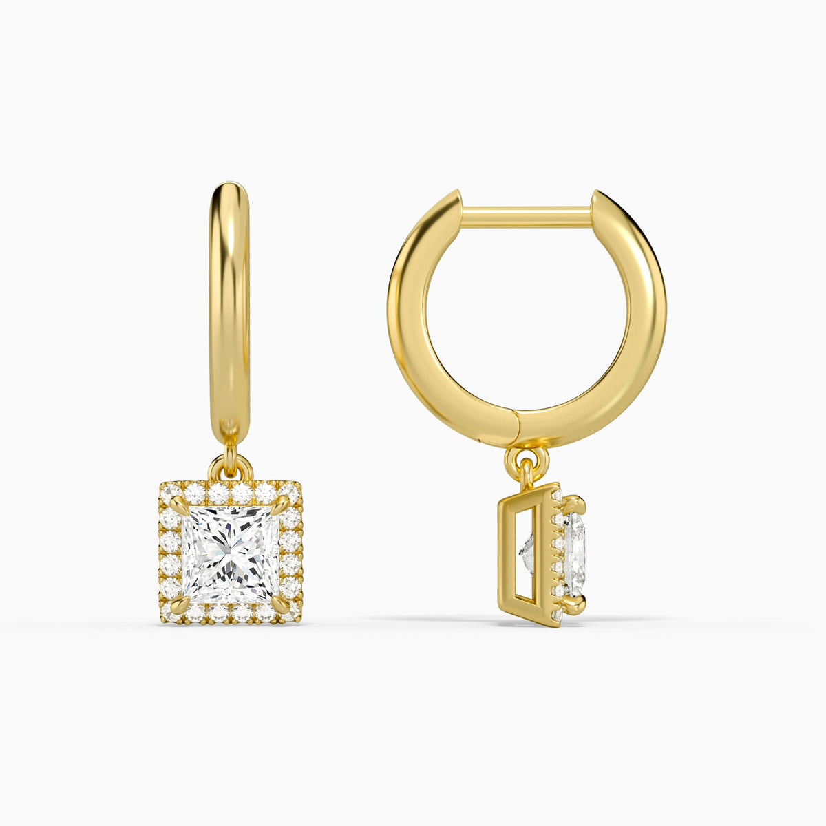 Princess Halo Drop Huggie Hoop Earrings in 18K Yellow Gold