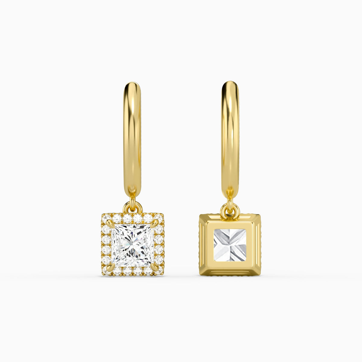 Princess Halo Drop Huggie Hoop Earrings in 14K Yellow Gold