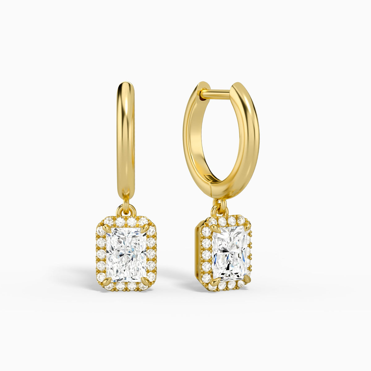 Radiant Halo Drop Huggie Hoop Earrings in 18K Yellow Gold