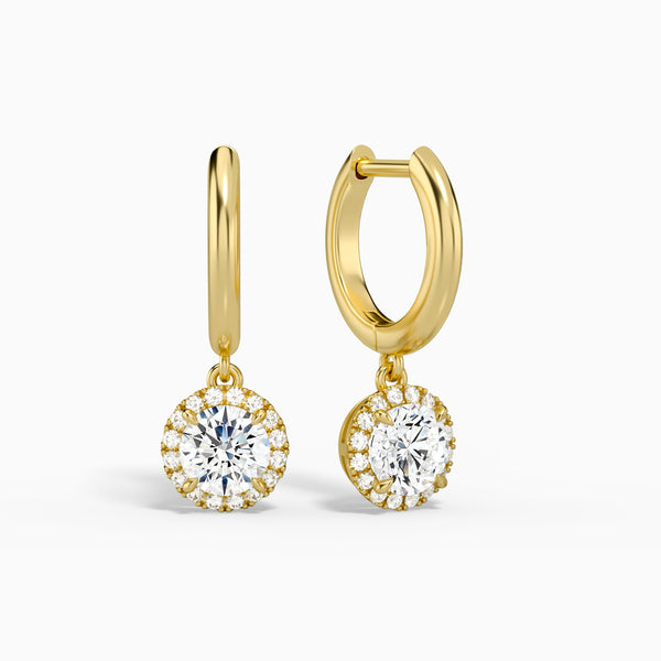 Round Halo Drop Huggie Hoop Earrings in 14K Yellow Gold