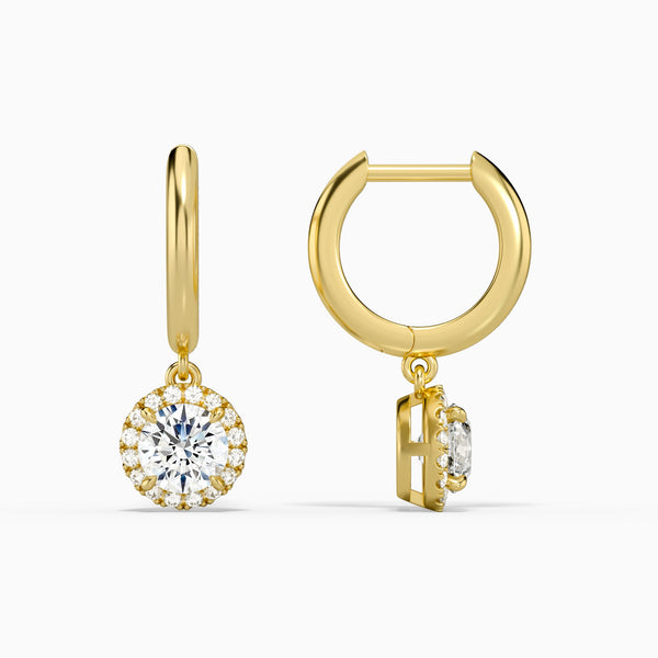 Round Halo Drop Huggie Hoop Earrings in 14K Yellow Gold