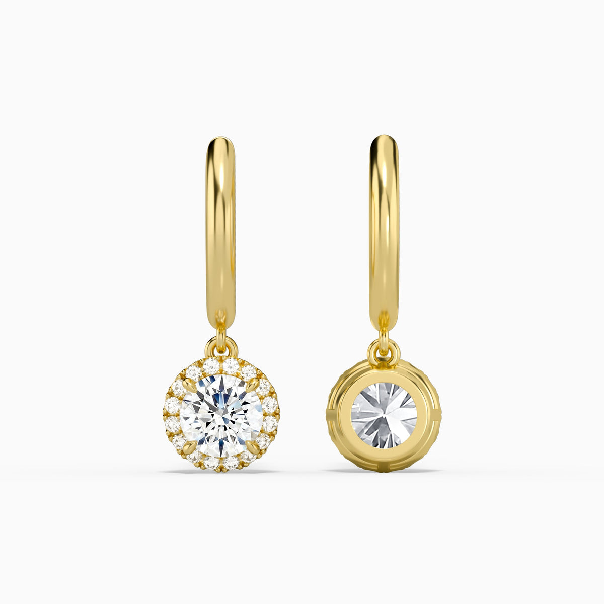 Round Halo Drop Huggie Hoop Earrings in 18K Yellow Gold