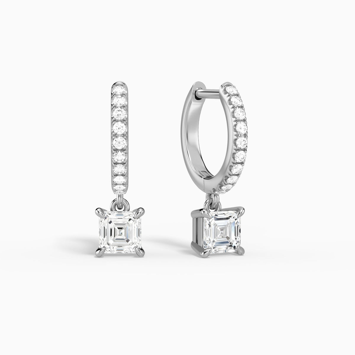 Asscher Accented Drop Huggie Hoop Earrings in Platinum