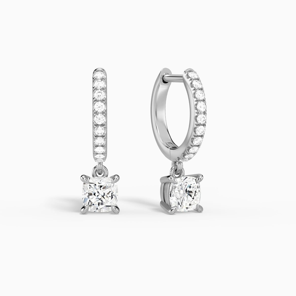Cushion Accented Drop Huggie Hoop Earrings in Platinum