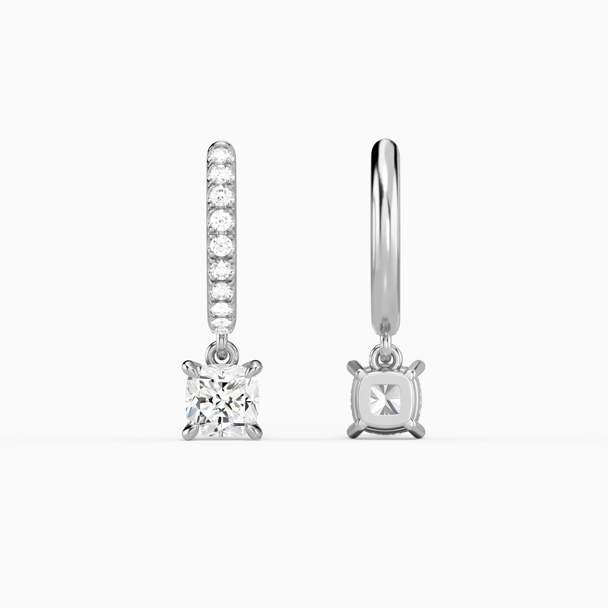 Cushion Accented Drop Huggie Hoop Earrings in Platinum