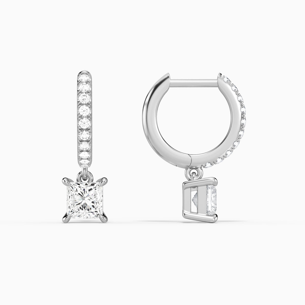 Princess Accented Drop Huggie Hoop Earrings in Platinum