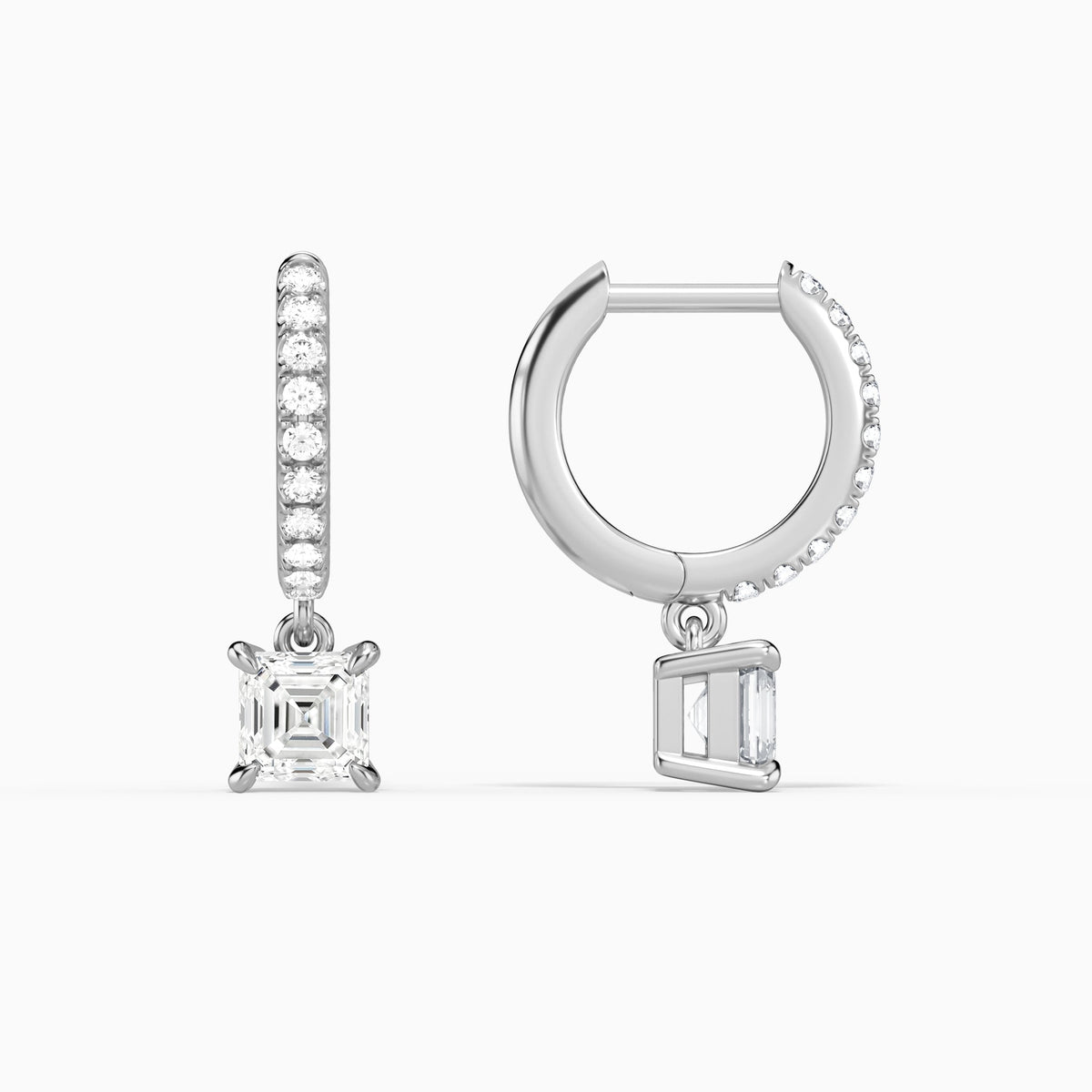 Asscher Accented Drop Huggie Hoop Earrings in 18K White Gold
