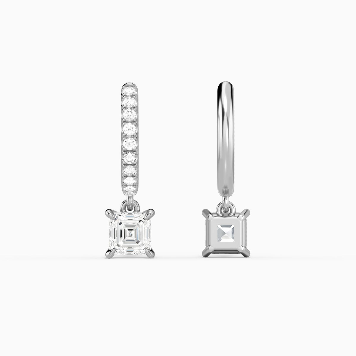 Asscher Accented Drop Huggie Hoop Earrings in 14K White Gold