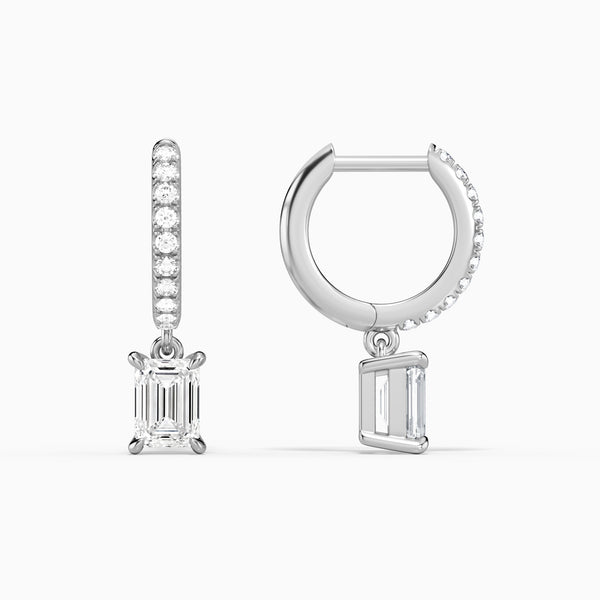 Emerald Accented Drop Huggie Hoop Earrings in 14K White Gold
