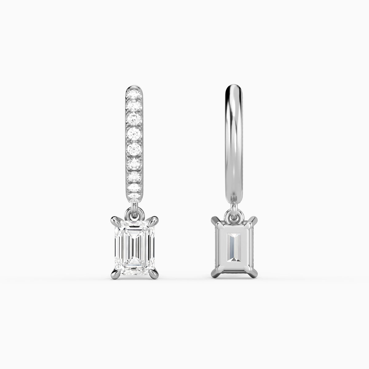 Emerald Accented Drop Huggie Hoop Earrings in 14K White Gold