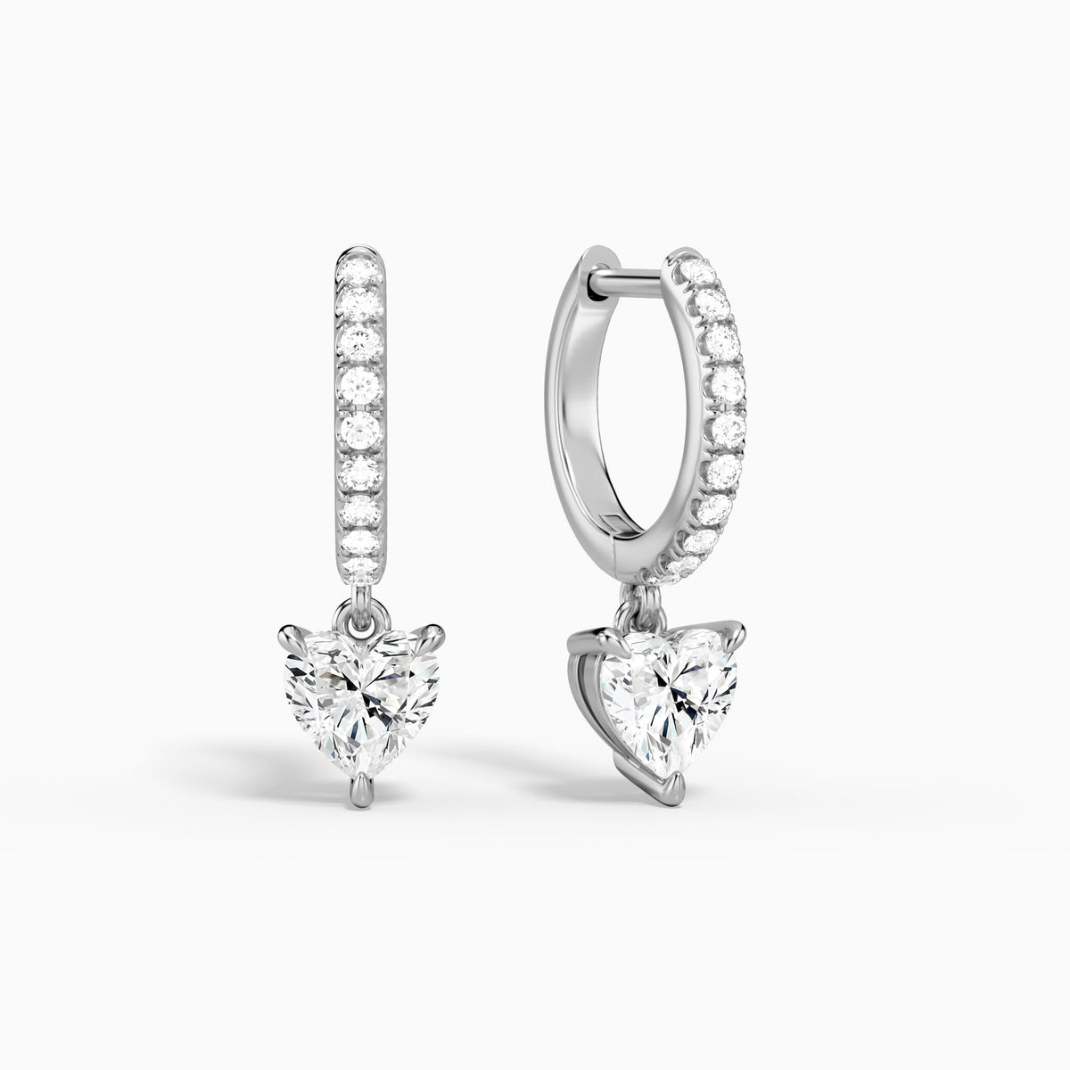 Heart Accented Drop Huggie Hoop Earrings in 18K White Gold