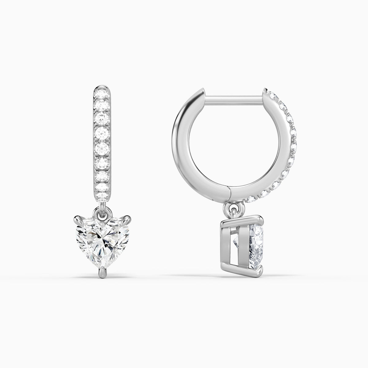 Heart Accented Drop Huggie Hoop Earrings in 18K White Gold