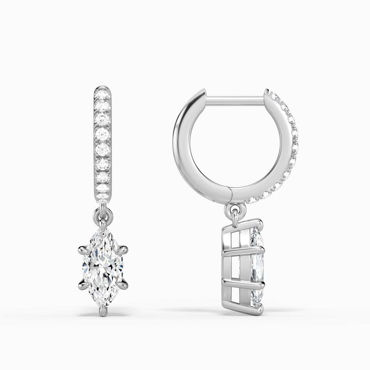 Marquise Accented Drop Huggie Hoop Earrings in 14K White Gold