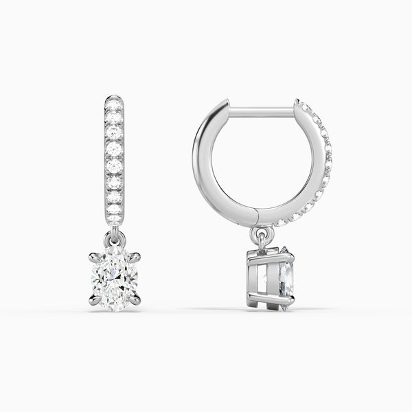 Oval Accented Drop Huggie Hoop Earrings in 14K White Gold