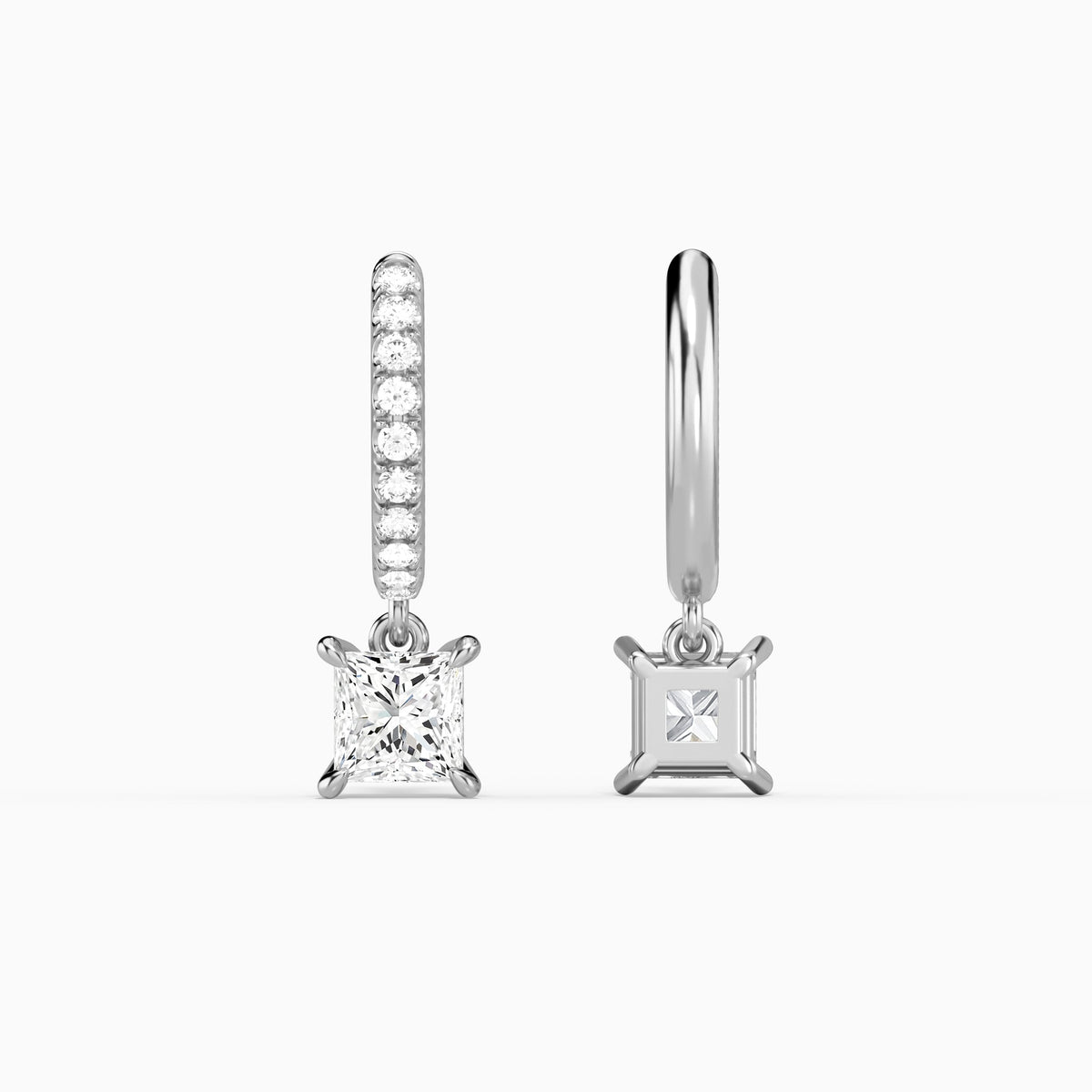 Princess Accented Drop Huggie Hoop Earrings in 14K White Gold