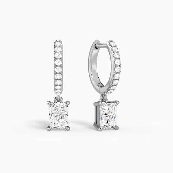 Radiant Accented Drop Huggie Hoop Earrings in 14K White Gold