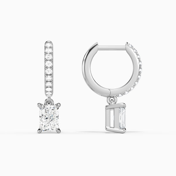 Radiant Accented Drop Huggie Hoop Earrings in 14K White Gold
