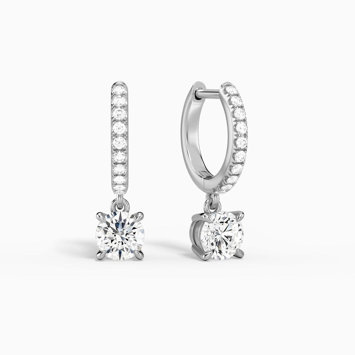 Round Accented Drop Huggie Hoop Earrings in 14K White Gold