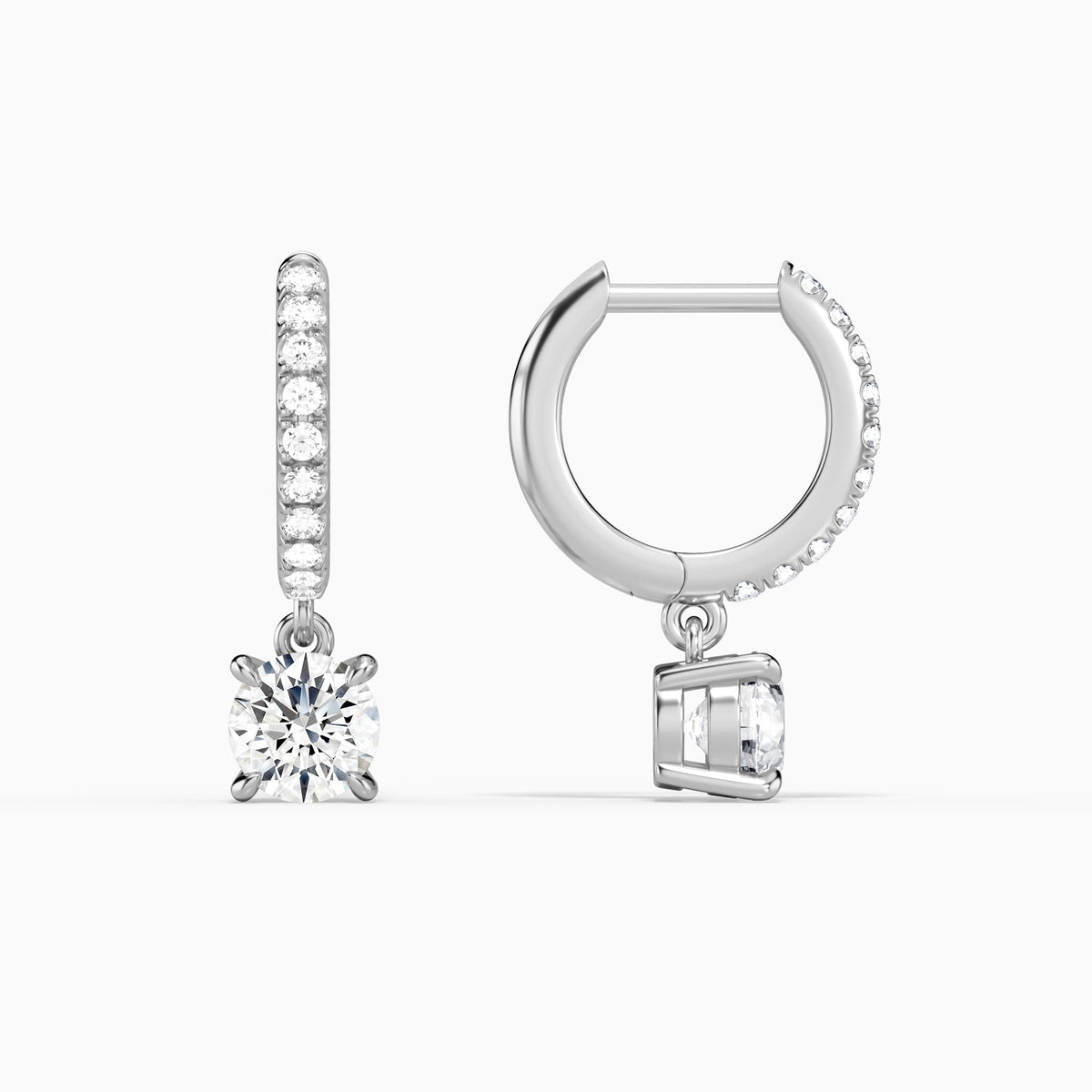 Round Accented Drop Huggie Hoop Earrings in 14K White Gold