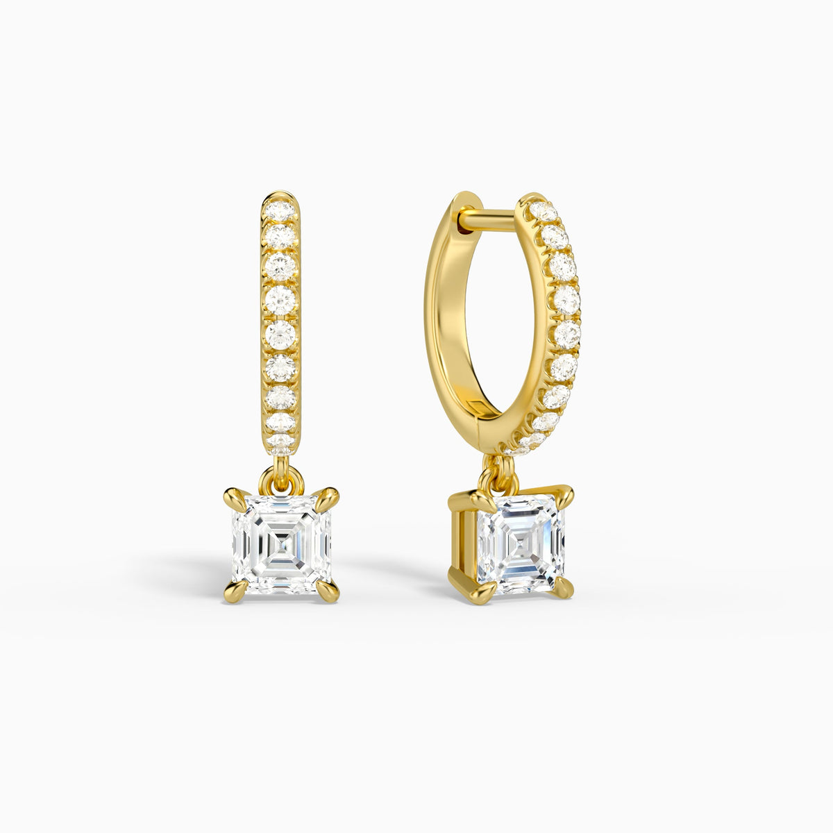 Asscher Accented Drop Huggie Hoop Earrings in 14K Yellow Gold