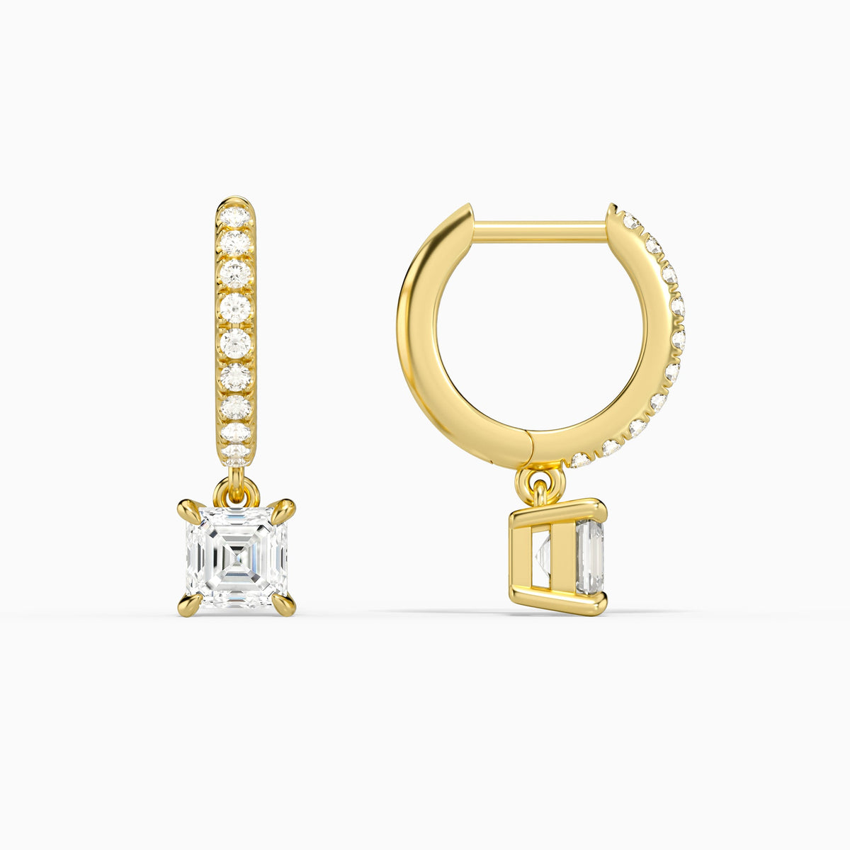 Asscher Accented Drop Huggie Hoop Earrings in 14K Yellow Gold