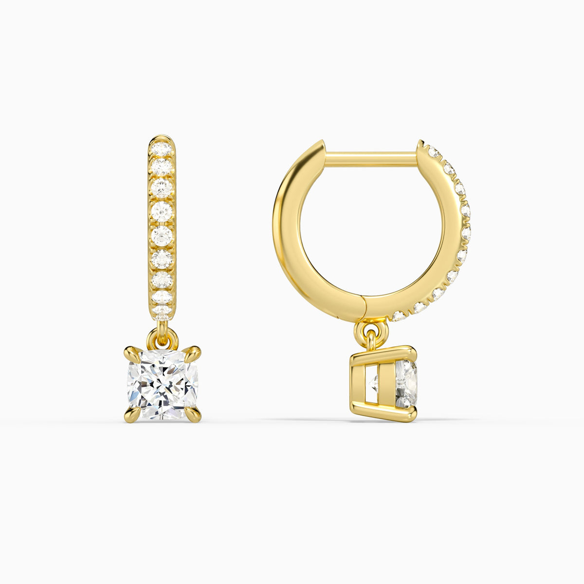 Cushion Accented Drop Huggie Hoop Earrings in 14K Yellow Gold