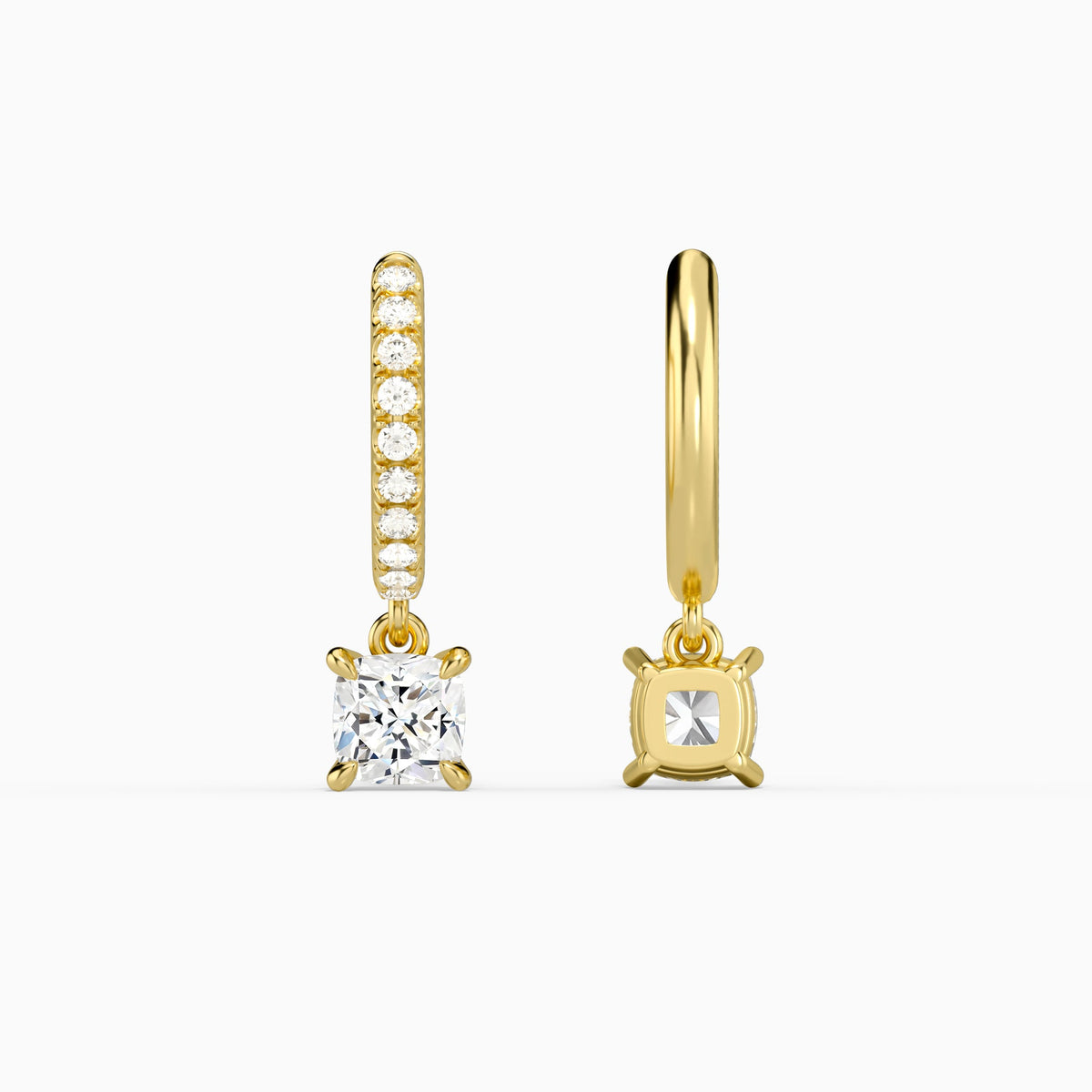 Cushion Accented Drop Huggie Hoop Earrings in 18K Yellow Gold
