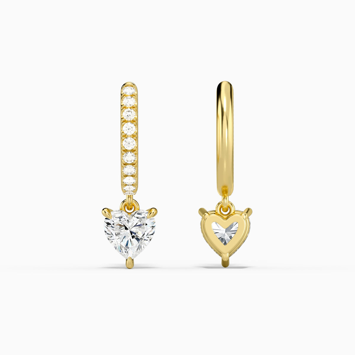 Heart Accented Drop Huggie Hoop Earrings in 18K Yellow Gold
