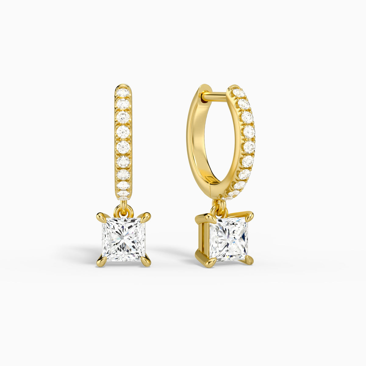 Princess Accented Drop Huggie Hoop Earrings in 18K Yellow Gold