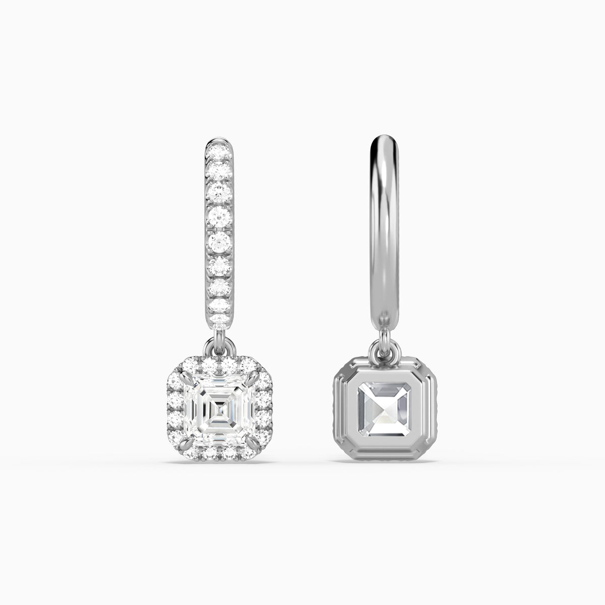 Asscher Luxe Drop Huggie Hoop Earrings in 14K White Gold
