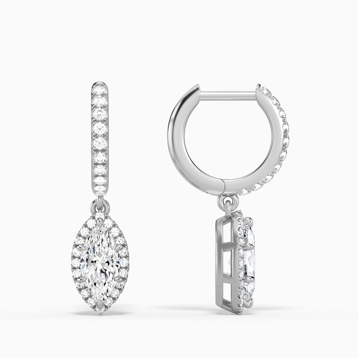 Marquise Luxe Drop Huggie Hoop Earrings in 14K White Gold