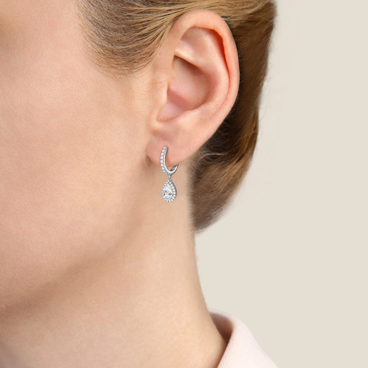 Pear Luxe Drop Huggie Hoop Earrings in 14K White Gold
