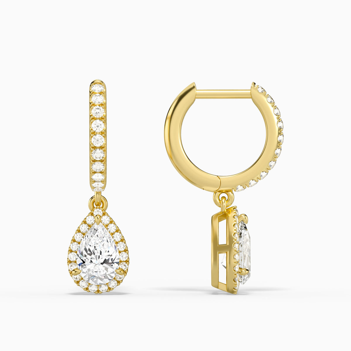 Pear Luxe Drop Huggie Hoop Earrings in 14K Yellow Gold