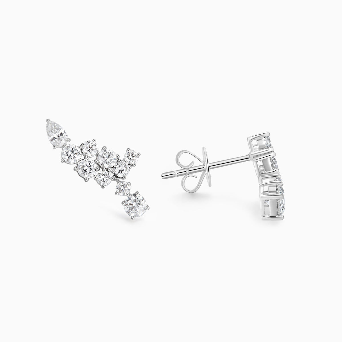 Diamond Cluster Climber Stud Earrings in 18K White Gold