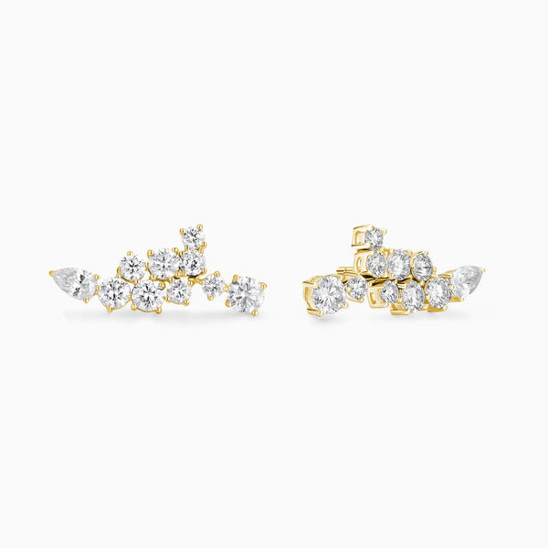Diamond Cluster Climber Stud Earrings in 14K Yellow Gold