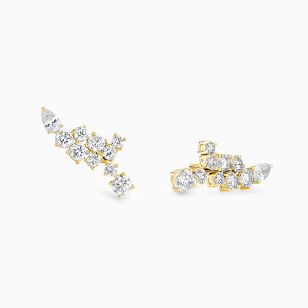 Diamond Cluster Climber Stud Earrings in 14K Yellow Gold