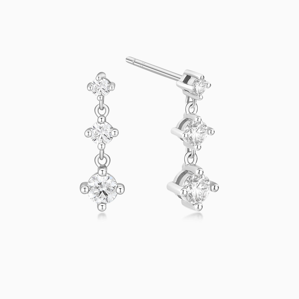 Three Stone Graduated Fancy Drop Stud Earrings in 14K White Gold