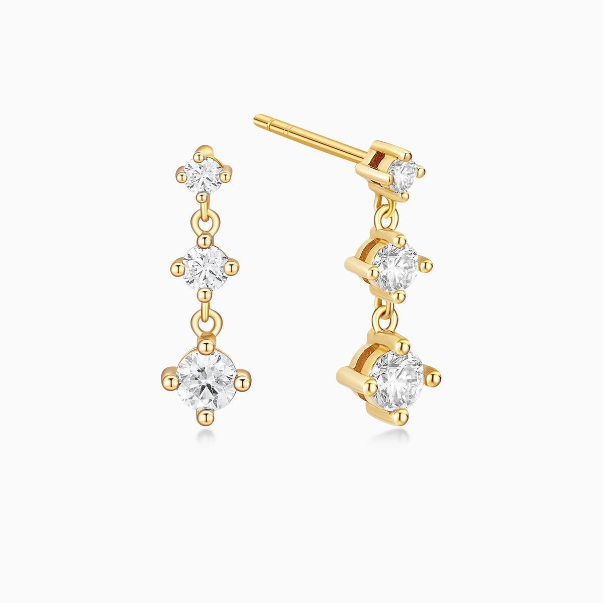 Three Stone Graduated Fancy Drop Stud Earrings in 14K Yellow Gold
