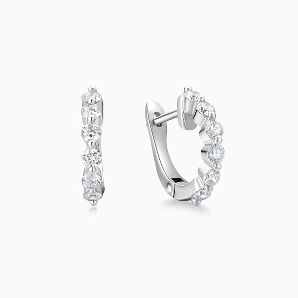 Shared Prong Huggie Hoop Diamond Earrings in 14K White Gold