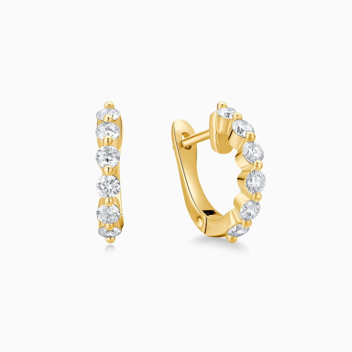 Shared Prong Huggie Hoop Diamond Earrings in 18K Yellow Gold