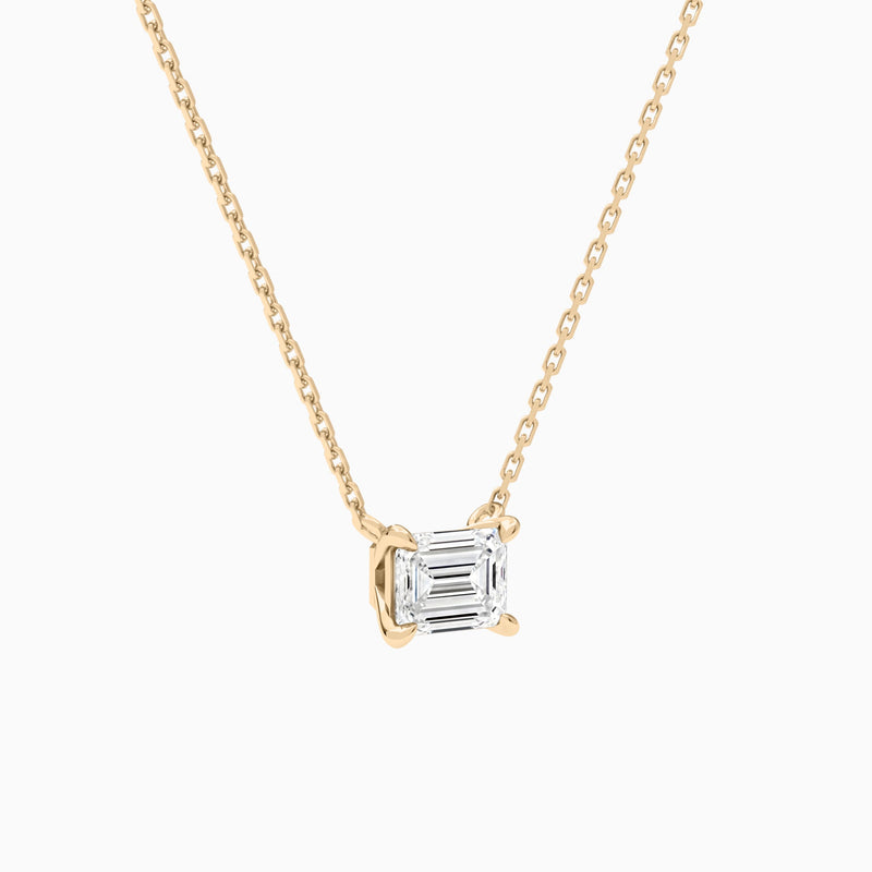 Emerald Solitaire Lab Grown Diamond Necklace In 14K Rose Gold - Front Angle View