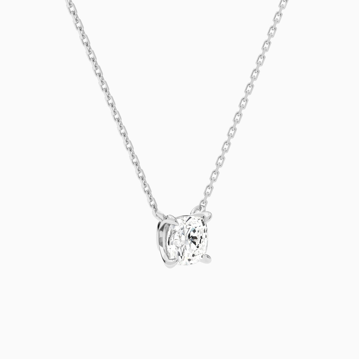 Cushion Solitaire Lab Grown Diamond Necklace In 14K White Gold - Front Angle View