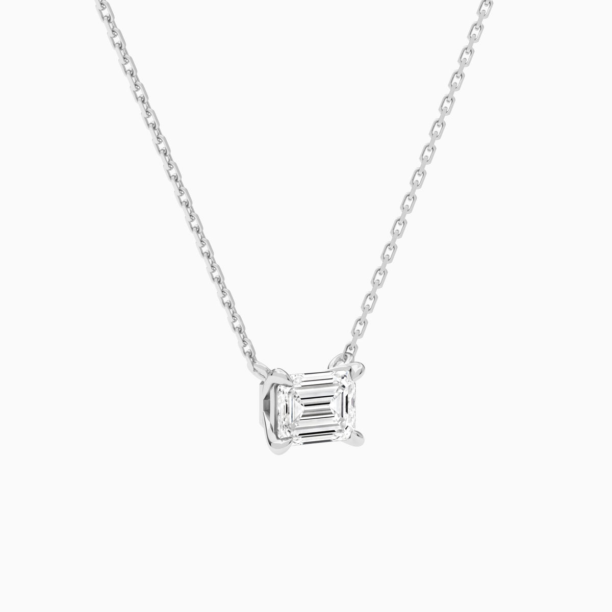 Emerald Solitaire Lab Grown Diamond Necklace In 18K White Gold - Front Angle View