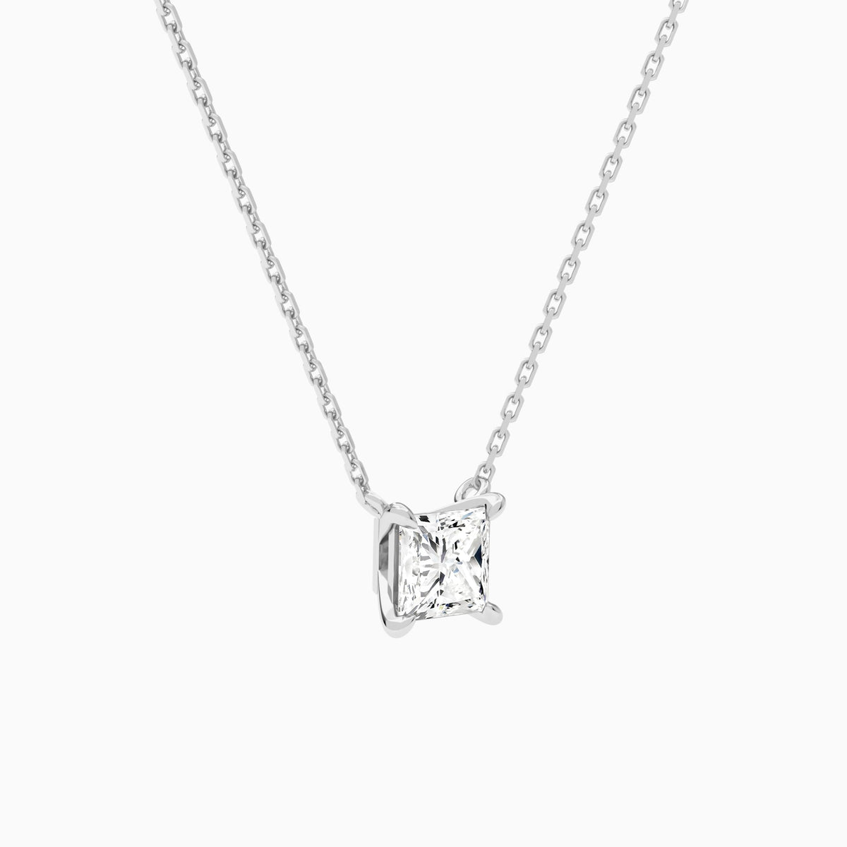 Princess Solitaire Lab Grown Diamond Necklace In 14K White Gold - Front Angle View